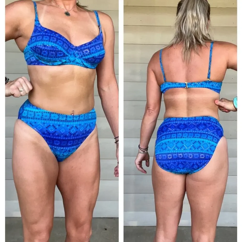 Vintage 90s Jantzen blue metallic diamond print high cut bikini swimsuit set
